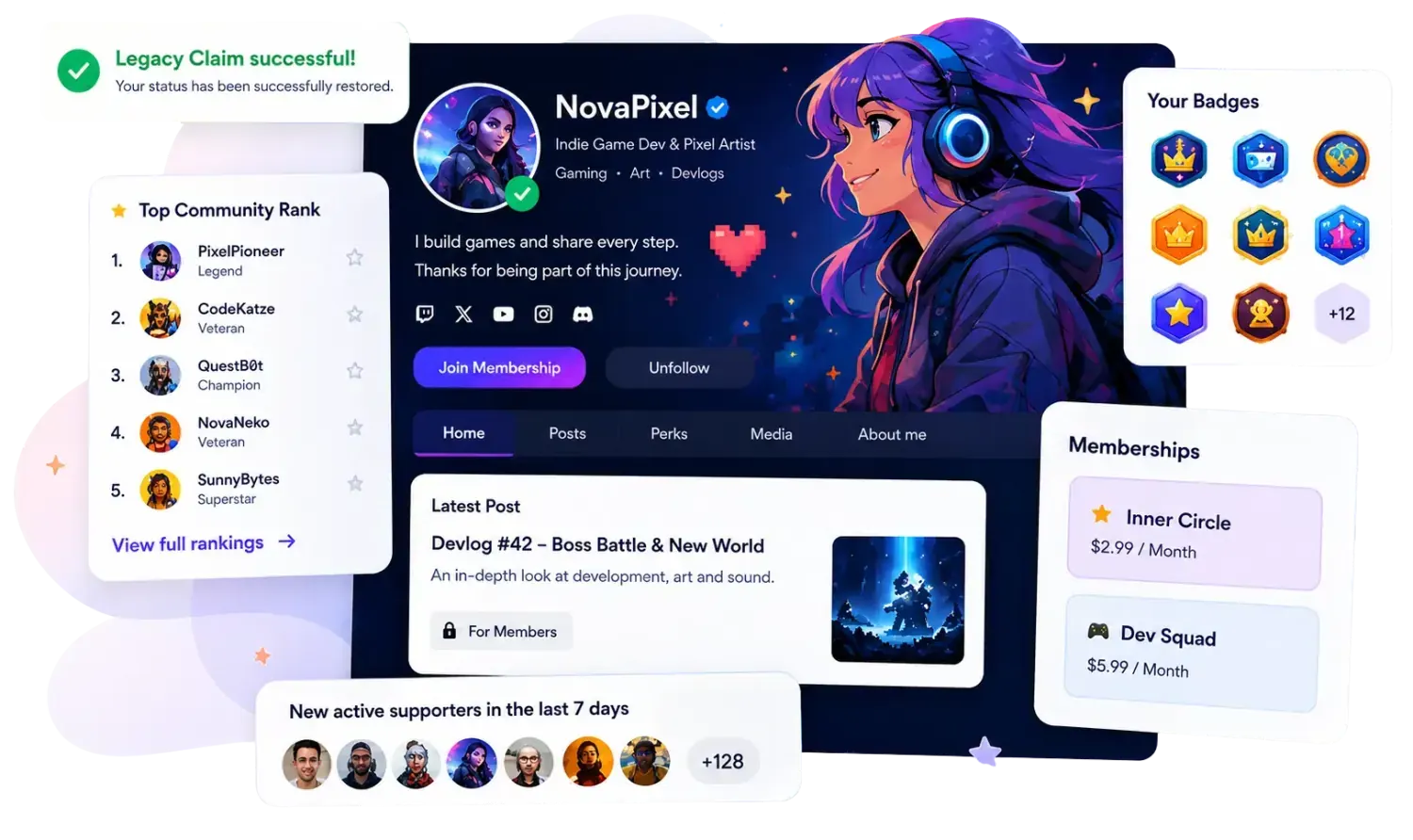 ClaimYourRank creator page with badges, member levels, posts and memberships